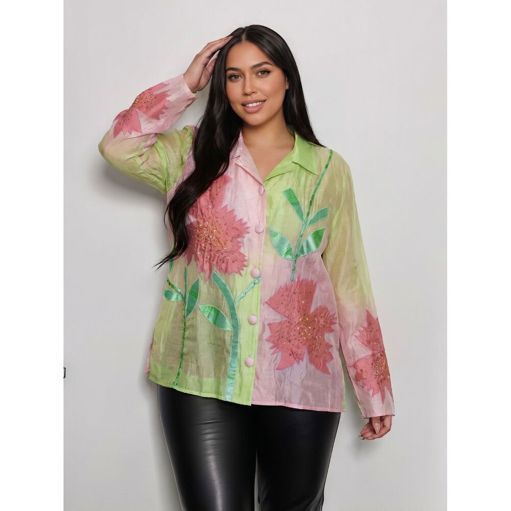Vintage 90s Real Comfort 100% Silk Blouse Floral Beaded Embroidered Size 14